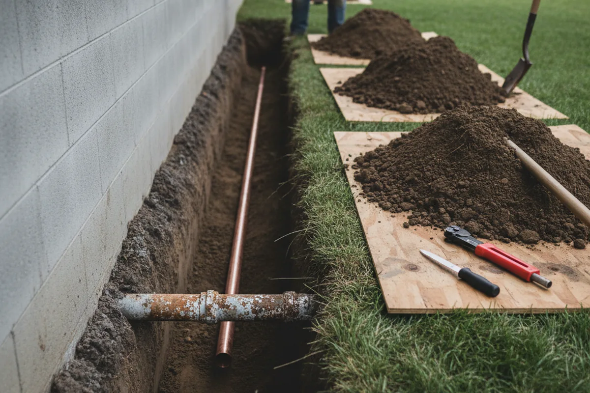 Excavated water line trench during Water Heater Repair in Nedrow